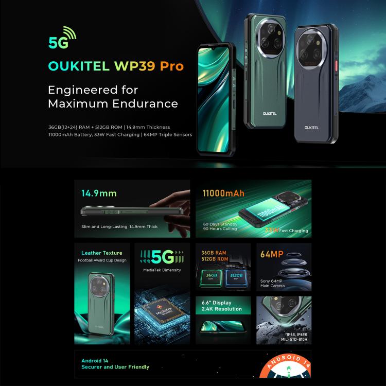 Oukitel WP39 Pro 5G Rugged Phone, 12GB+512GB, Night Vision, Fingerprint Identification, 6.6 inch Android 14 MediaTek Dimensity 6300 Octa Core, NFC, OTG, Network: 5G Oukitel WP39 Pro 5G Rugged Phone, 12GB+512GB, Night Vision, Fingerprint Identification, 6.6 inch Android 14 MediaTek Dimensity 6300 Octa Core, NFC, OTG, Network: 5G